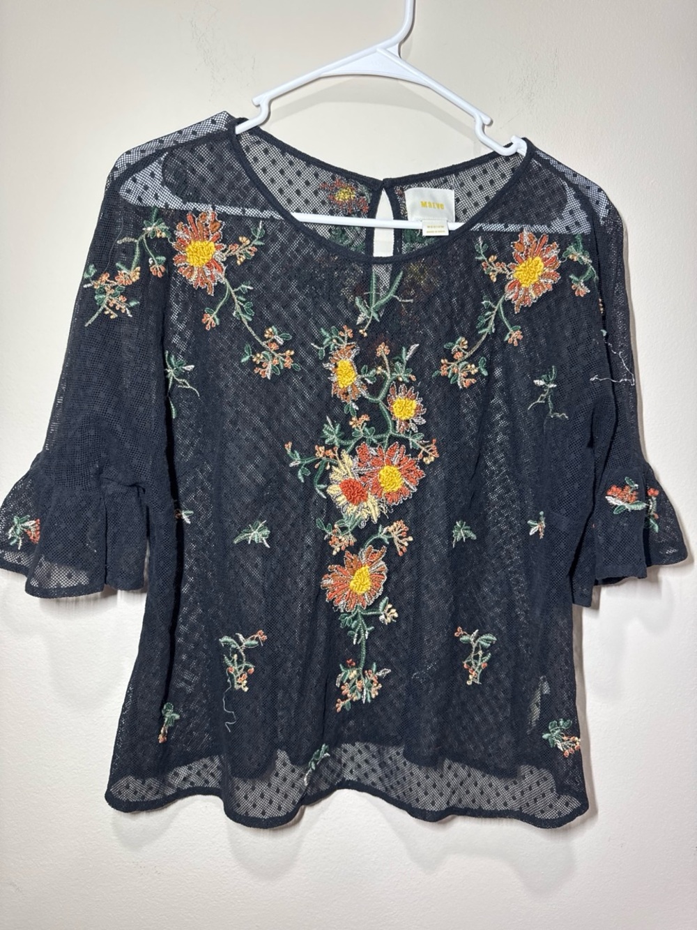Anthropologie Black Sheer Blouse with Yellow & Orange Floral Embroidery
